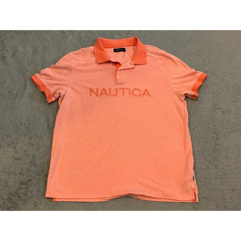 Nautica Mens XL Coral Embroidered Logo Cotton Pique Short Sleeve Polo Shirt